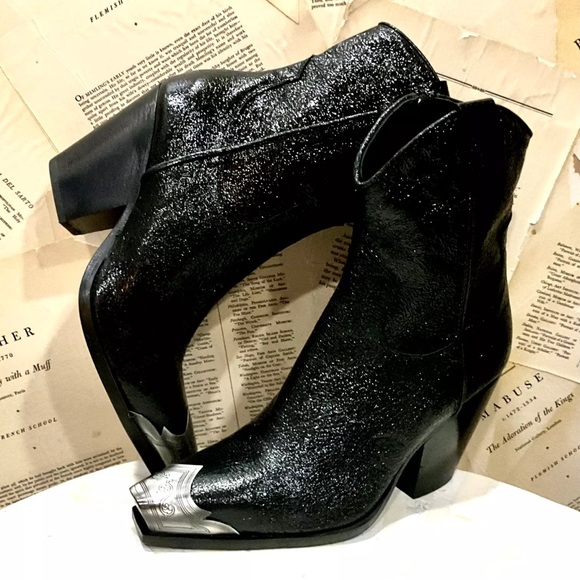 Free People Brayden Western Boot Metallic Black Leather Pewter Etched Tip Zip - Picture 2 of 10